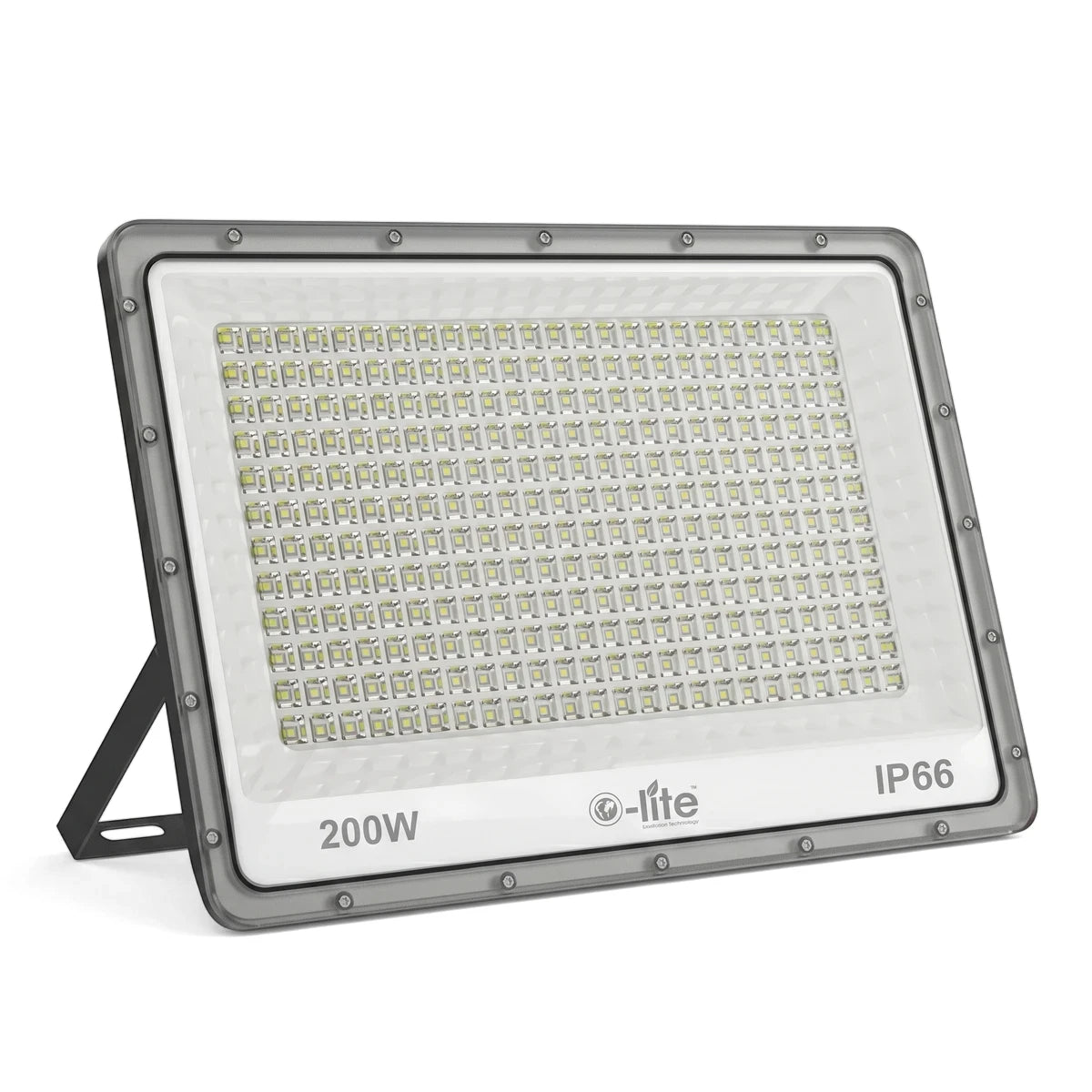 A 200W grey LED flood light emitting cool white light, featuring an IP66 rating and 20000 lumens.