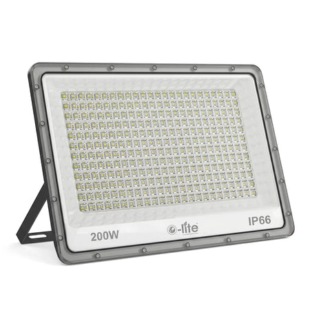 A 200W grey LED flood light emitting cool white light, featuring an IP66 rating and 20000 lumens.