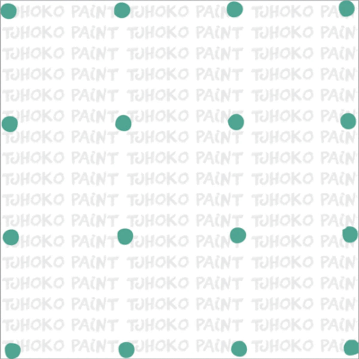 Teal green polka dot and 'TUHOKO PAINT' logo repeating stencil pattern on a white background.