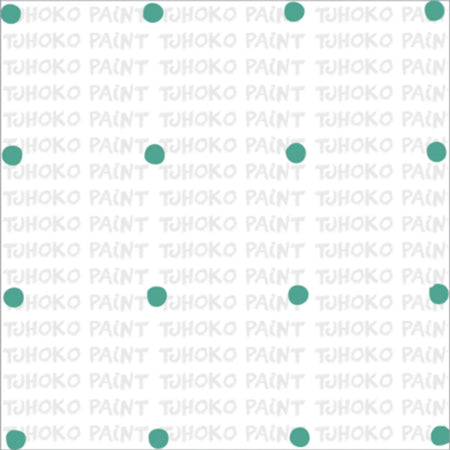 Teal green polka dot and 'TUHOKO PAINT' logo repeating stencil pattern on a white background.