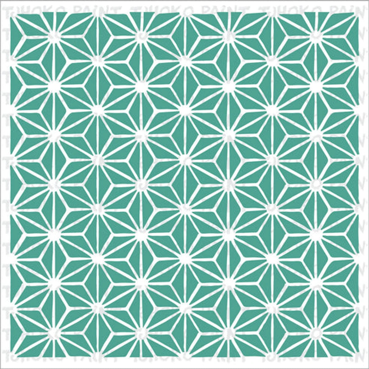 White geometric star-like pattern paint stencil with repeating hexagonal and triangular shapes on a teal background.