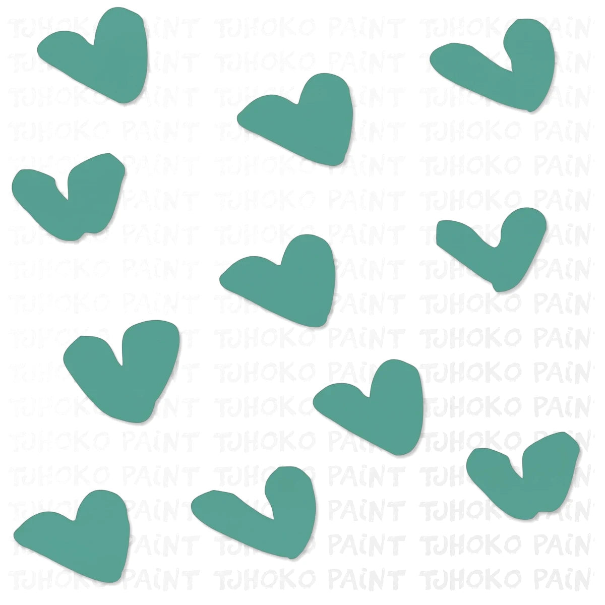 Repeating pattern of irregular teal green heart shapes on a white background with faint 'TJOHOKO PAINT' text, for paint