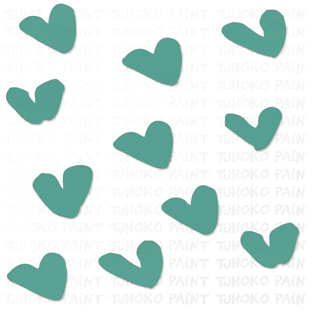 Repeating pattern of irregular teal green heart shapes on a white background with faint 'TJOHOKO PAINT' text, for paint