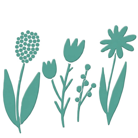 Four teal green stylized floral paint stencils featuring various flower and plant designs, including a dotted flower and
