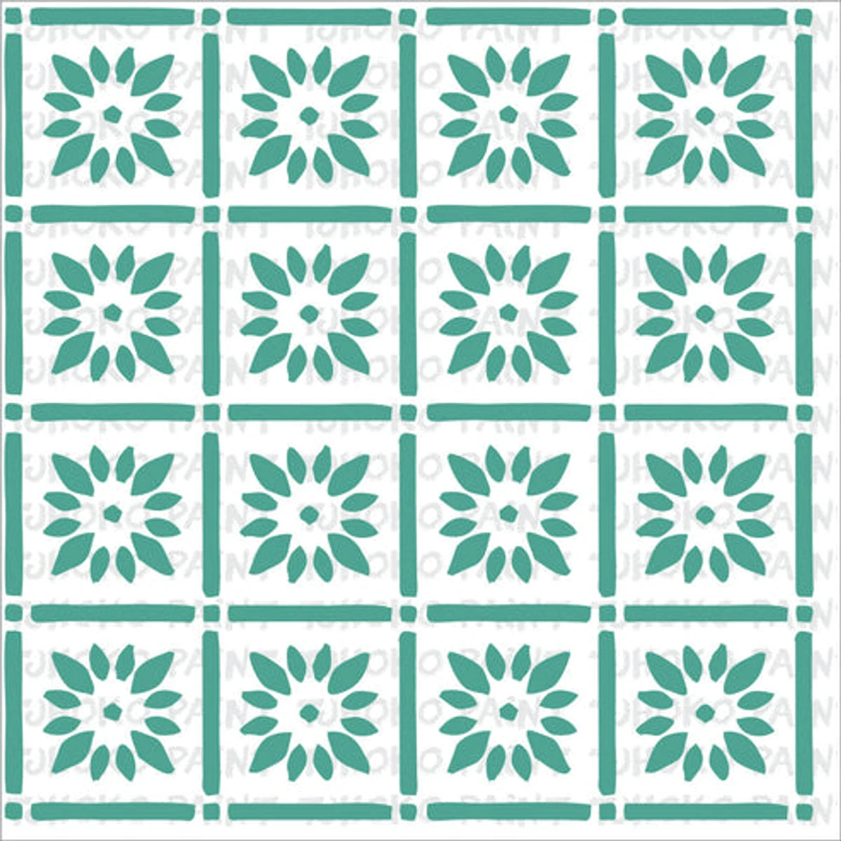 Teal floral pattern paint stencil with a repeating grid design for craft projects. Features 16 square sections of unique