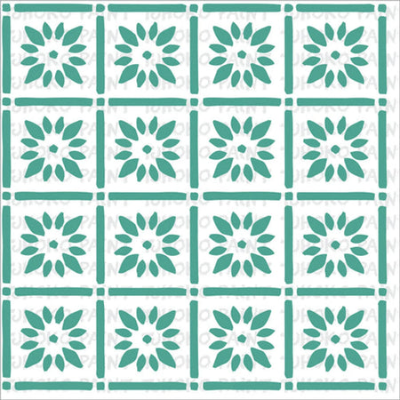 Teal floral pattern paint stencil with a repeating grid design for craft projects. Features 16 square sections of unique