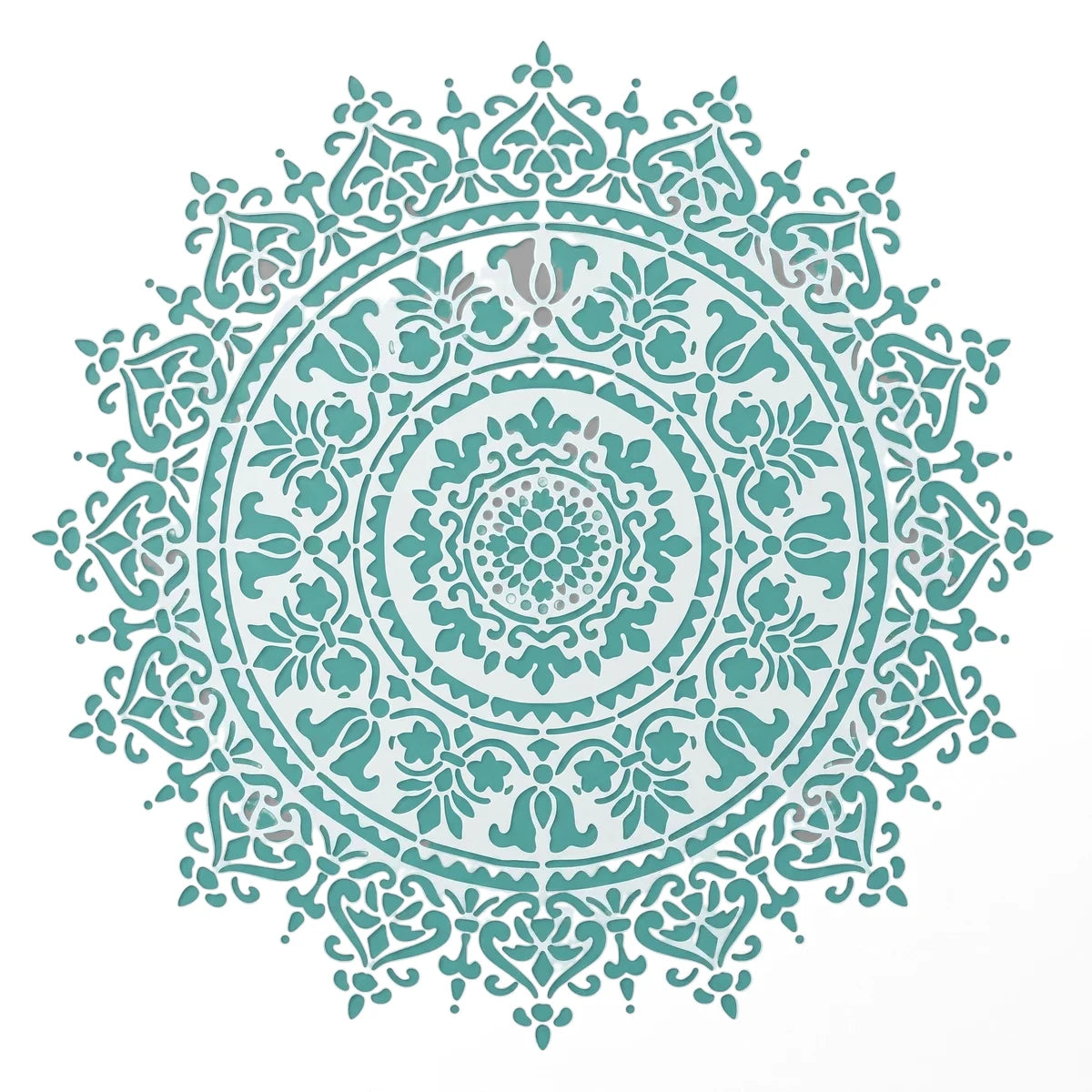 Reusable 2020-150X150-2 paint stencil featuring an intricate teal mandala pattern for crafts and decor.