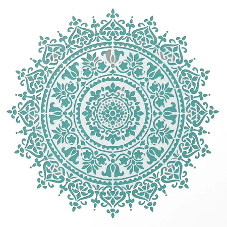 Reusable 2020-150X150-2 paint stencil featuring an intricate teal mandala pattern for crafts and decor.
