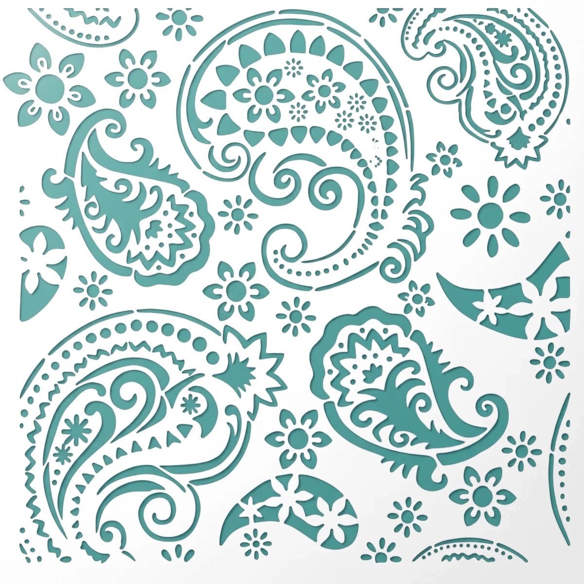 Square 2020-150X150-3 paint stencil featuring an intricate teal paisley and floral pattern for crafting.