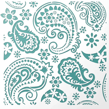 Square 2020-150X150-3 paint stencil featuring an intricate teal paisley and floral pattern for crafting.
