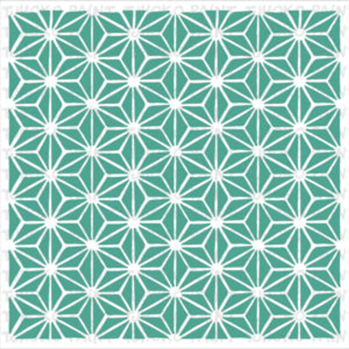 2020-30X30-12 Paint Stencils featuring a repeating geometric six-pointed star pattern in white on a teal background.