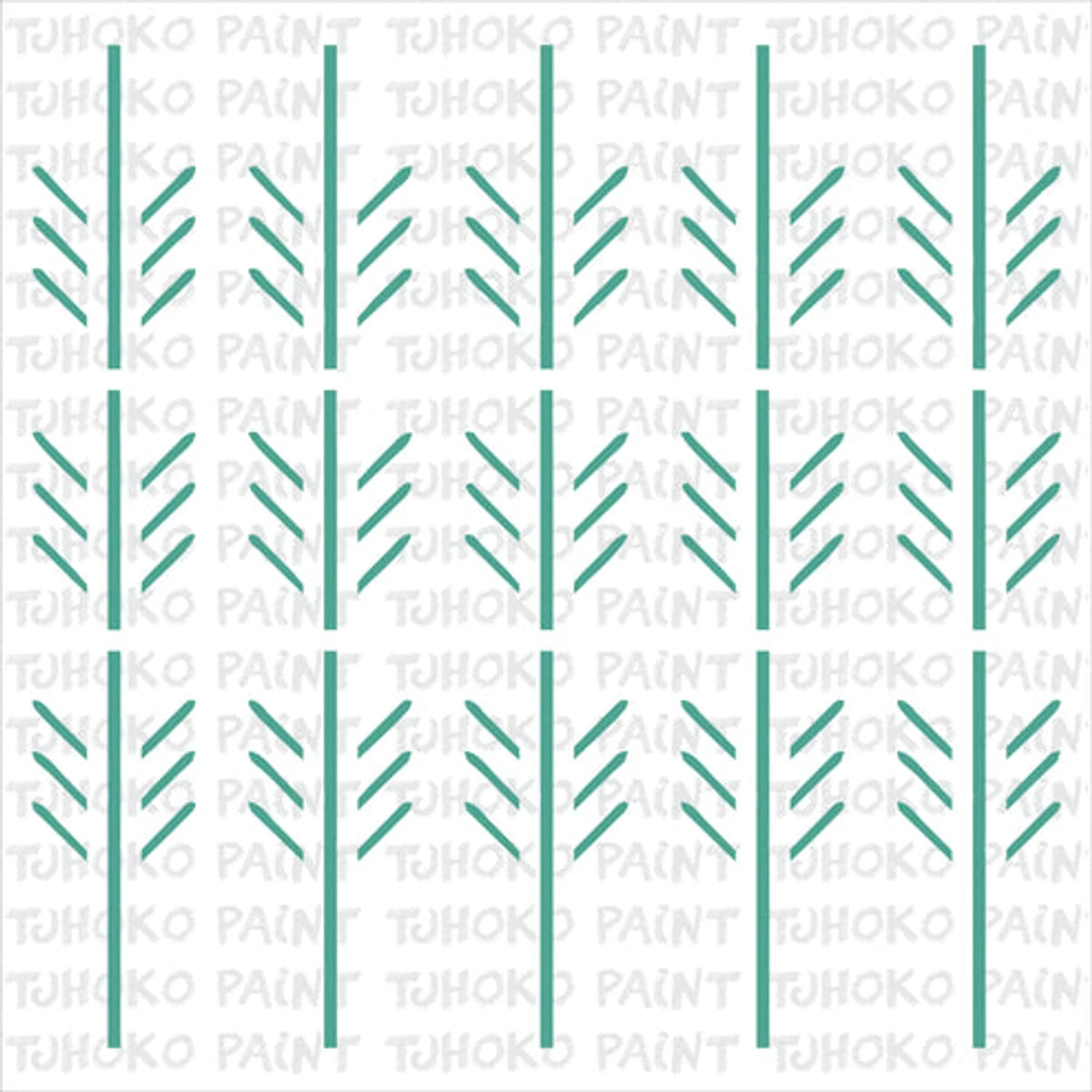 Teal geometric pattern paint stencil featuring vertical lines and arrow-like segments, with a faint 'TUHOKO PAINT' watermark.
