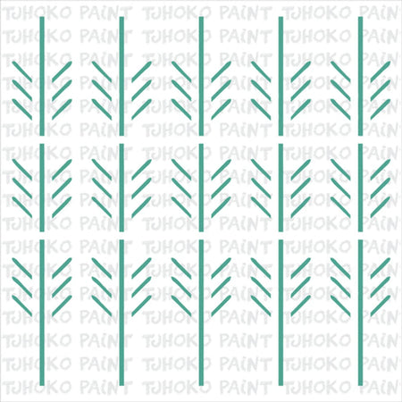 Teal geometric pattern paint stencil featuring vertical lines and arrow-like segments, with a faint 'TUHOKO PAINT' watermark.