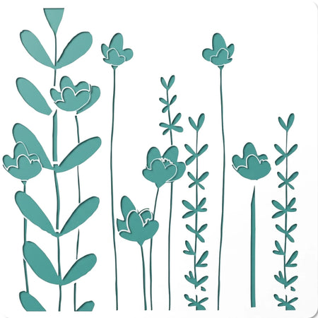 Teal stylized floral and plant designs for 2020-30X30-28 Paint Stencils, featuring a graphic pattern.