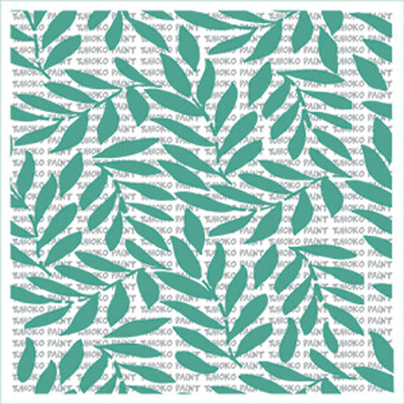 Square paint stencil with a repeating teal leaf pattern on a white background, featuring faint branding text.
