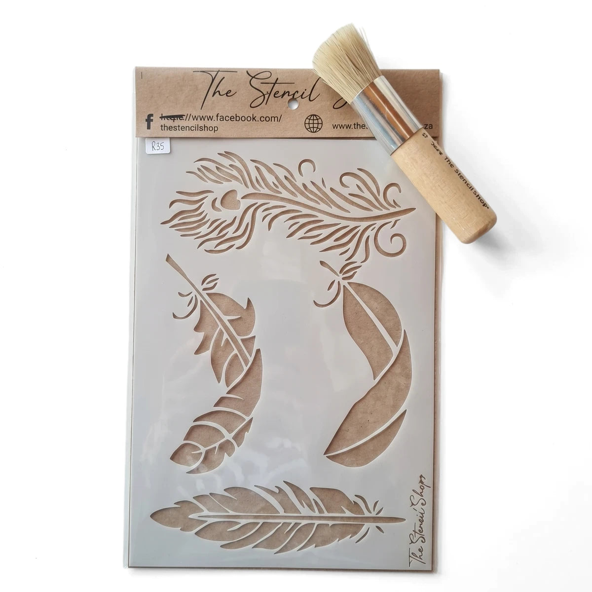 2020-A5-1 Paint Stencils with multiple feather designs and an included stencil brush, displayed on a textured surface.
