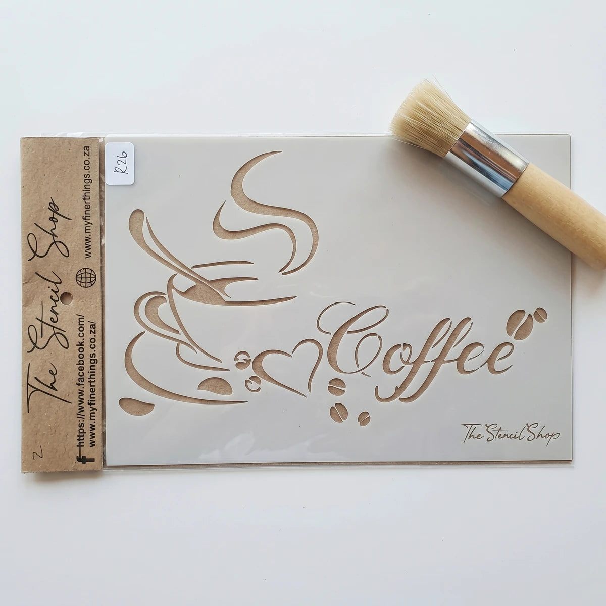 2020-A5-2 Paint Stencils with coffee design, featuring a white stencil and a small art brush, displayed for crafting.