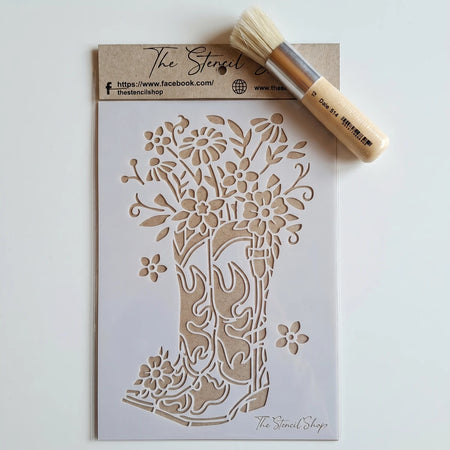 2020-A5-3 Paint Stencils featuring a decorative cowboy boot with a floral design, displayed next to a stencil brush.