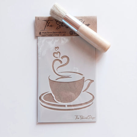 White plastic 2020-A6-2 paint stencil featuring a coffee cup with heart-shaped steam, accompanied by a wooden handle stencil