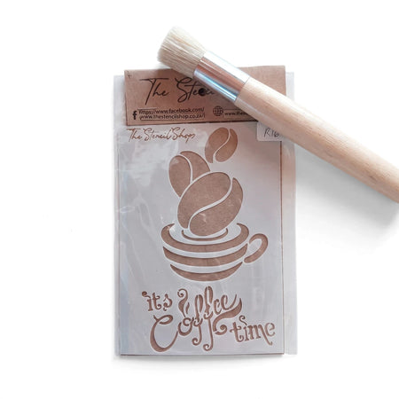 2020-A6-4 Paint Stencils set featuring a coffee-themed design with 'it's coffee time' text and a natural wood handle stencil