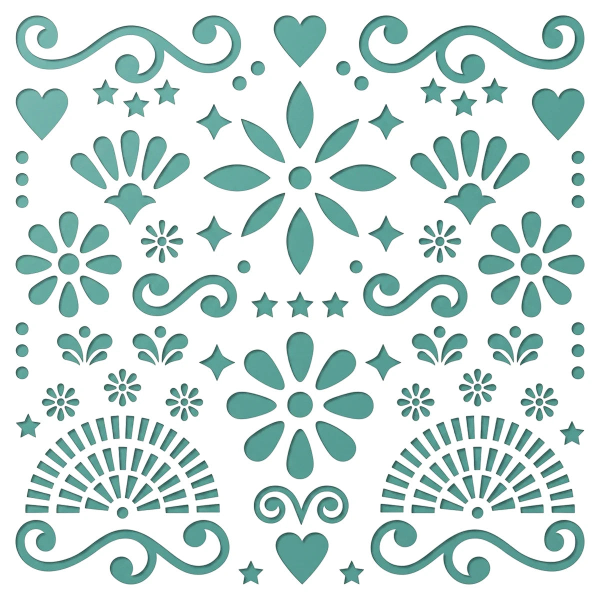 2021-30X30-1 Paint Stencils featuring an intricate teal symmetrical floral and ornamental design pattern.