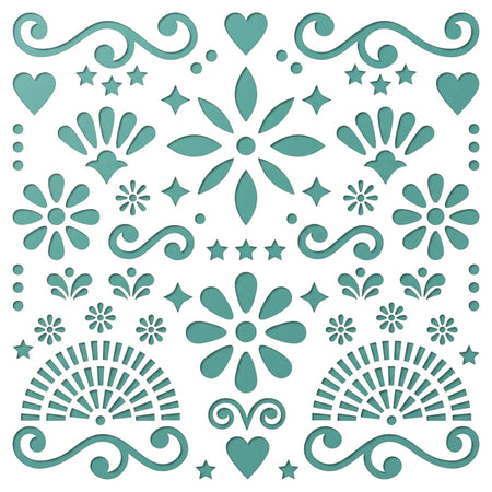 2021-30X30-1 Paint Stencils featuring an intricate teal symmetrical floral and ornamental design pattern.