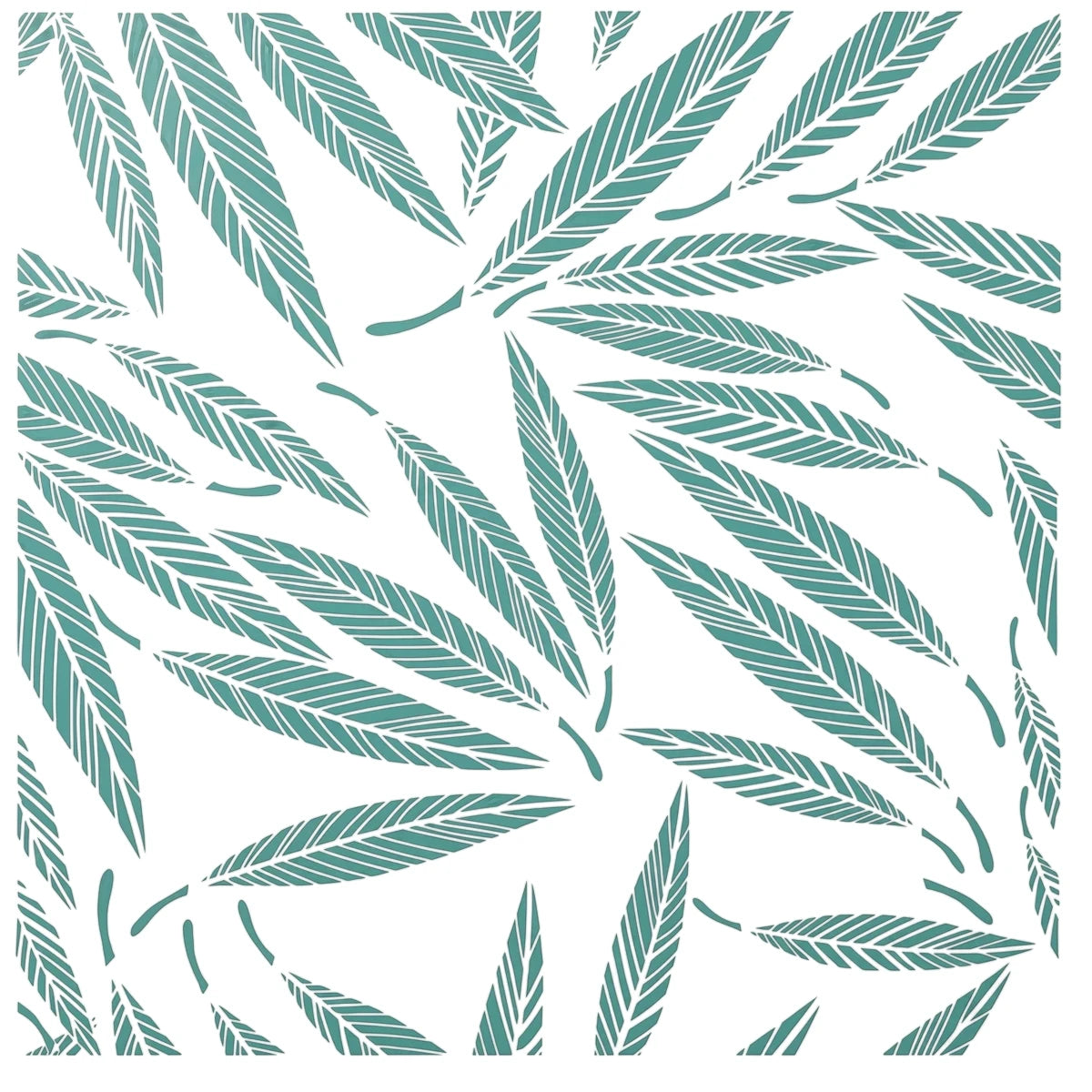 2021-30X30-15 Paint Stencils featuring a vibrant teal tropical leaf pattern, designed for crafting and decorative use.