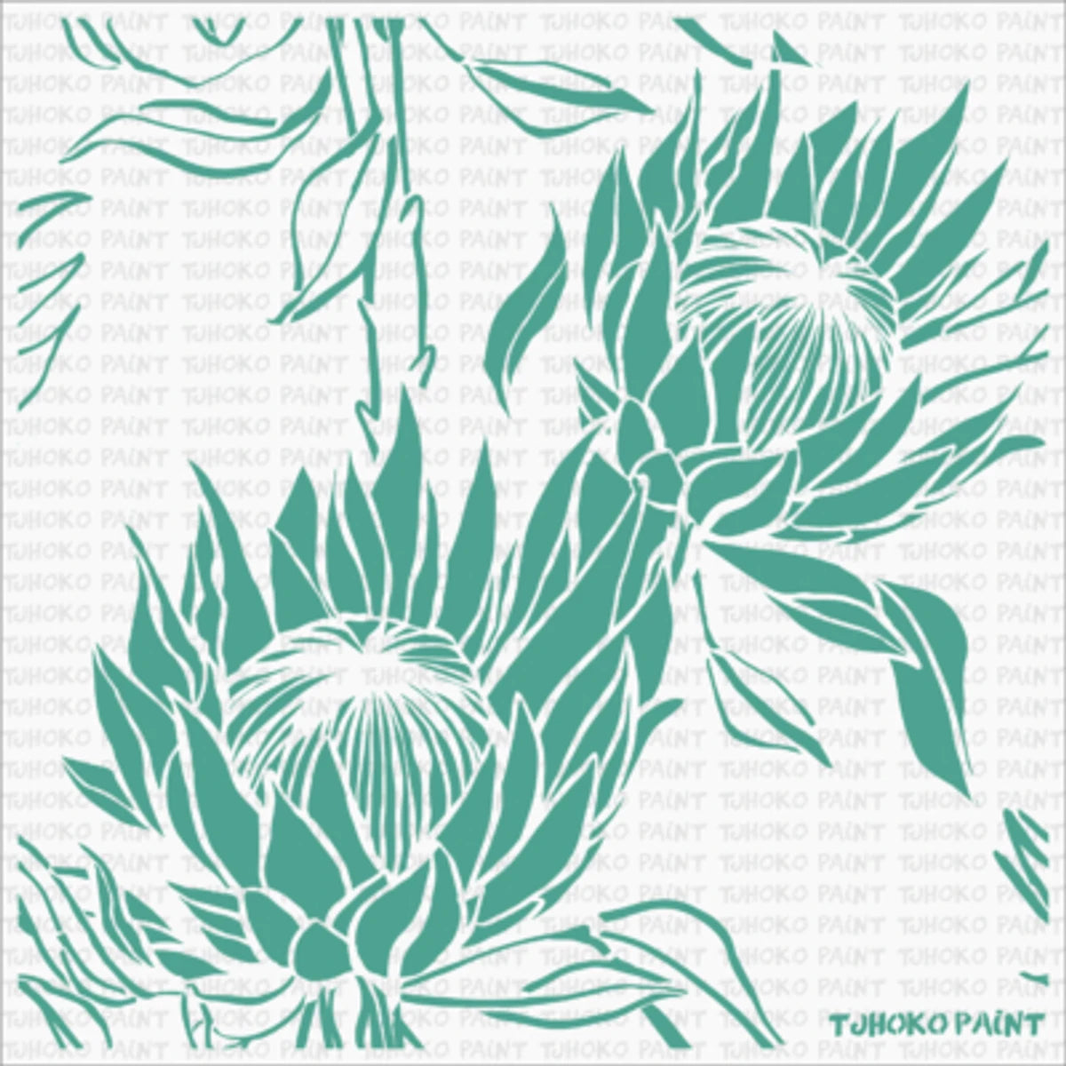 Teal protea flower paint stencil, model 2021-30X30-16, for creative home decor and DIY projects.