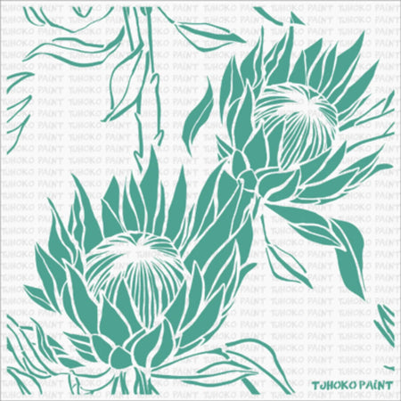 Teal protea flower paint stencil, model 2021-30X30-16, for creative home decor and DIY projects.