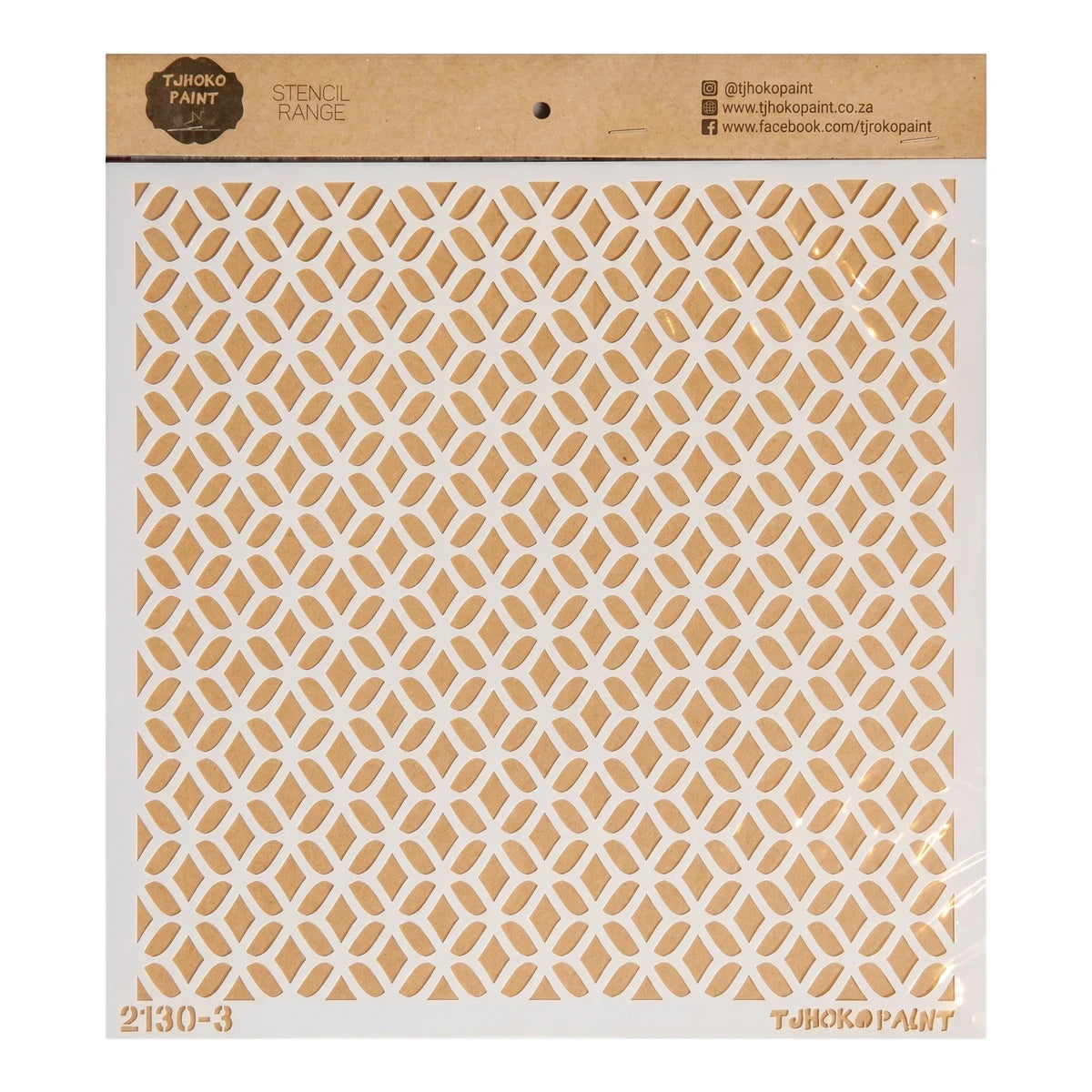 White paint stencil with a geometric diamond pattern on a brown cardboard backing, enclosed in clear packaging.