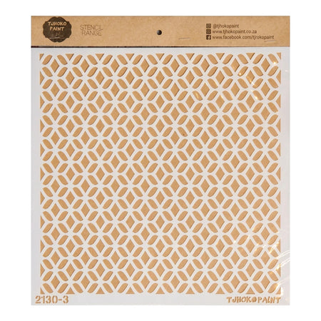 White paint stencil with a geometric diamond pattern on a brown cardboard backing, enclosed in clear packaging.