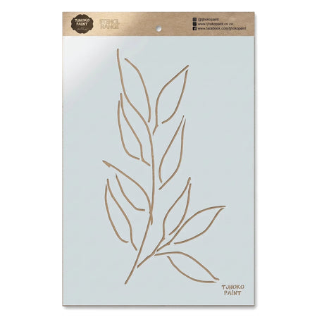 2021-A4-2 Paint Stencils featuring a detailed vertical leaf and branch design in light brown on a white sheet.