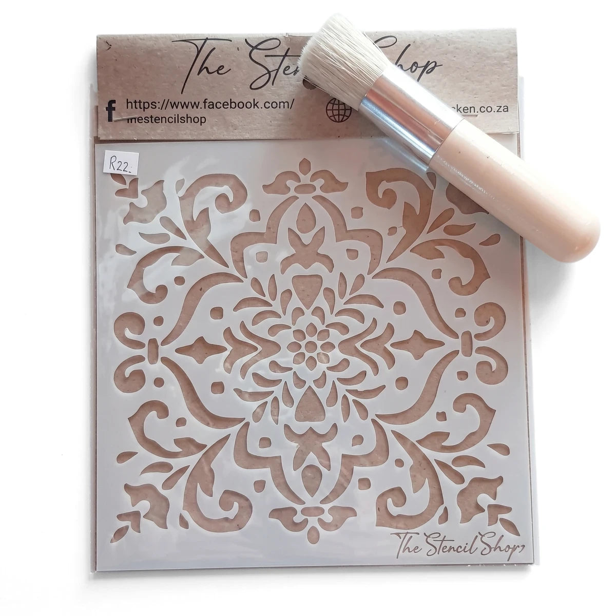 2022-150-3 Paint Stencils set featuring a square plastic stencil with an intricate mandala pattern and a round stencil brush.