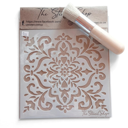 2022-150-3 Paint Stencils set featuring a square plastic stencil with an intricate mandala pattern and a round stencil brush.