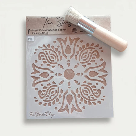 2022-150-9 paint stencils with mandala pattern and a round stencil brush for craft projects on display.