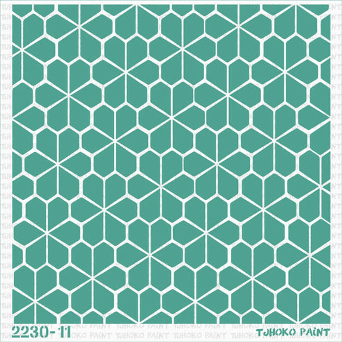 Teal and white 2022-30-11 paint stencil featuring a repeating geometric hexagonal pattern for crafting.