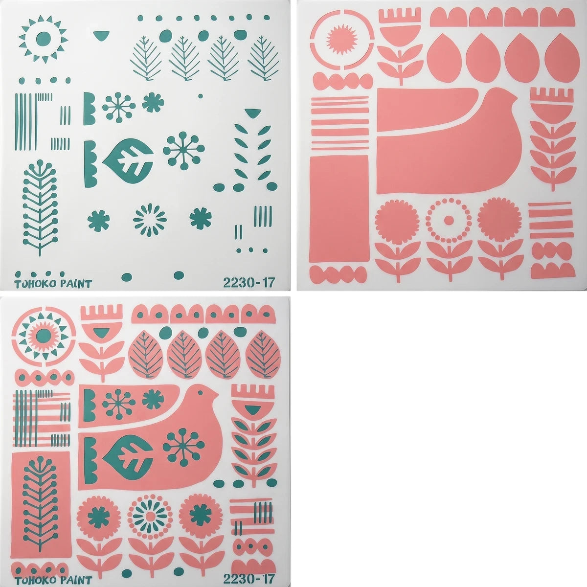 2022-30-17 L Paint Stencils set featuring folk art-inspired designs including suns, leaves, flowers, and a bird in green and