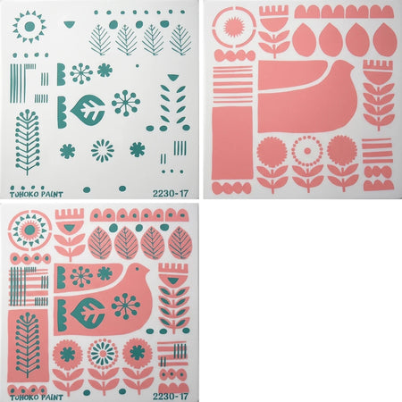 2022-30-17 L Paint Stencils set featuring folk art-inspired designs including suns, leaves, flowers, and a bird in green and