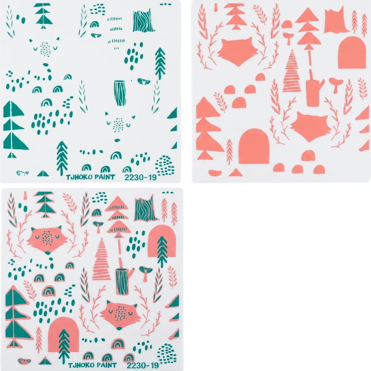 Forest-themed paint stencils, including trees, foxes, mushrooms, and rainbows, in teal green and pink colors.