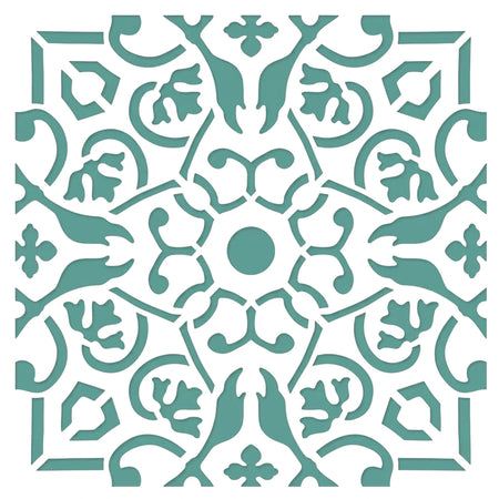 Teal 2022-30-5 paint stencil with intricate floral and scrollwork pattern for decorative projects.