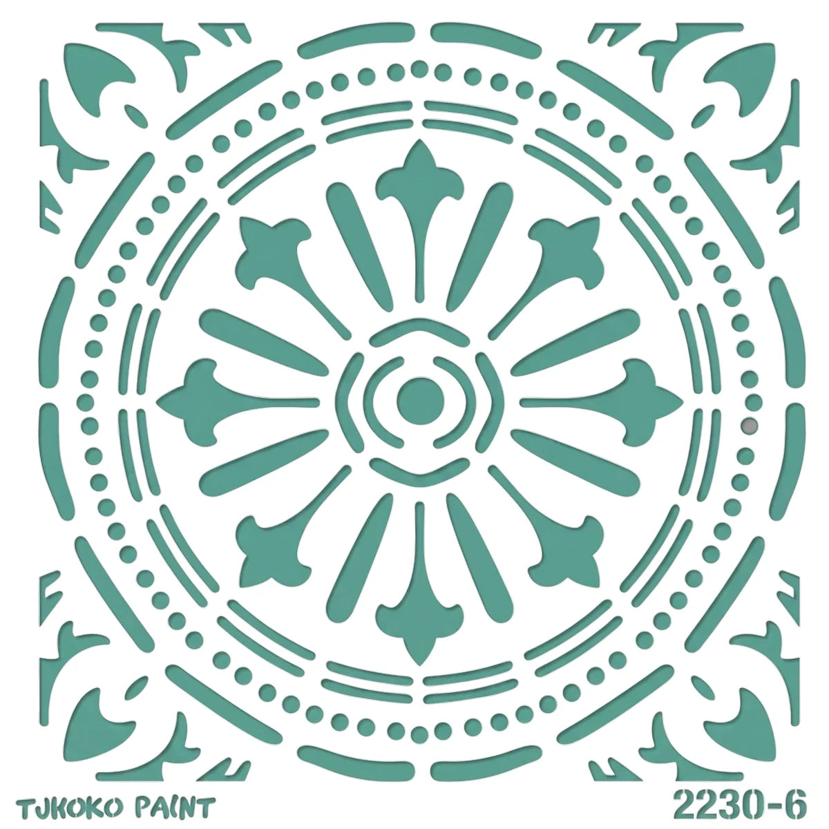 Teal 2022-30-6 Paint Stencil featuring a detailed mandala pattern on a square design, seen from a top-down view.