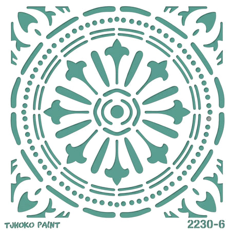 Teal 2022-30-6 Paint Stencil featuring a detailed mandala pattern on a square design, seen from a top-down view.