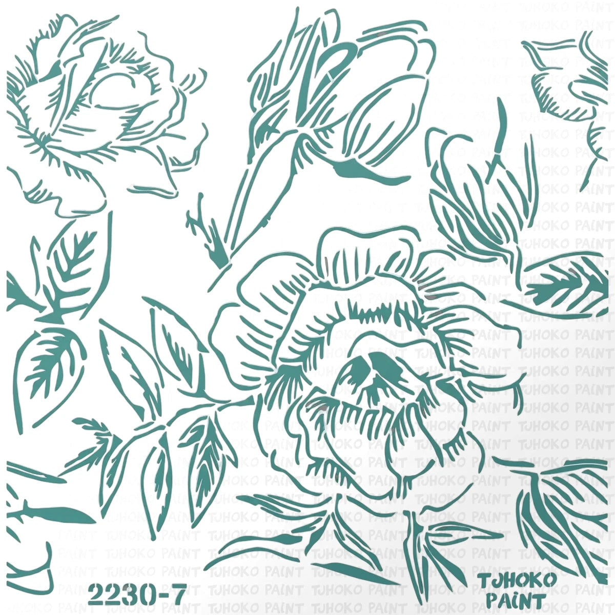 2022-30-7 Paint Stencil featuring intricate teal outlines of various roses and leaves, designed for artistic and crafting