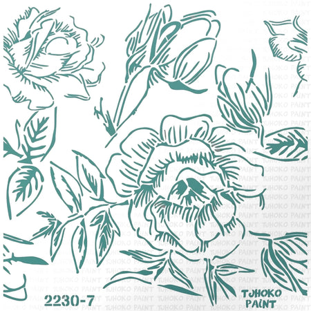 2022-30-7 Paint Stencil featuring intricate teal outlines of various roses and leaves, designed for artistic and crafting