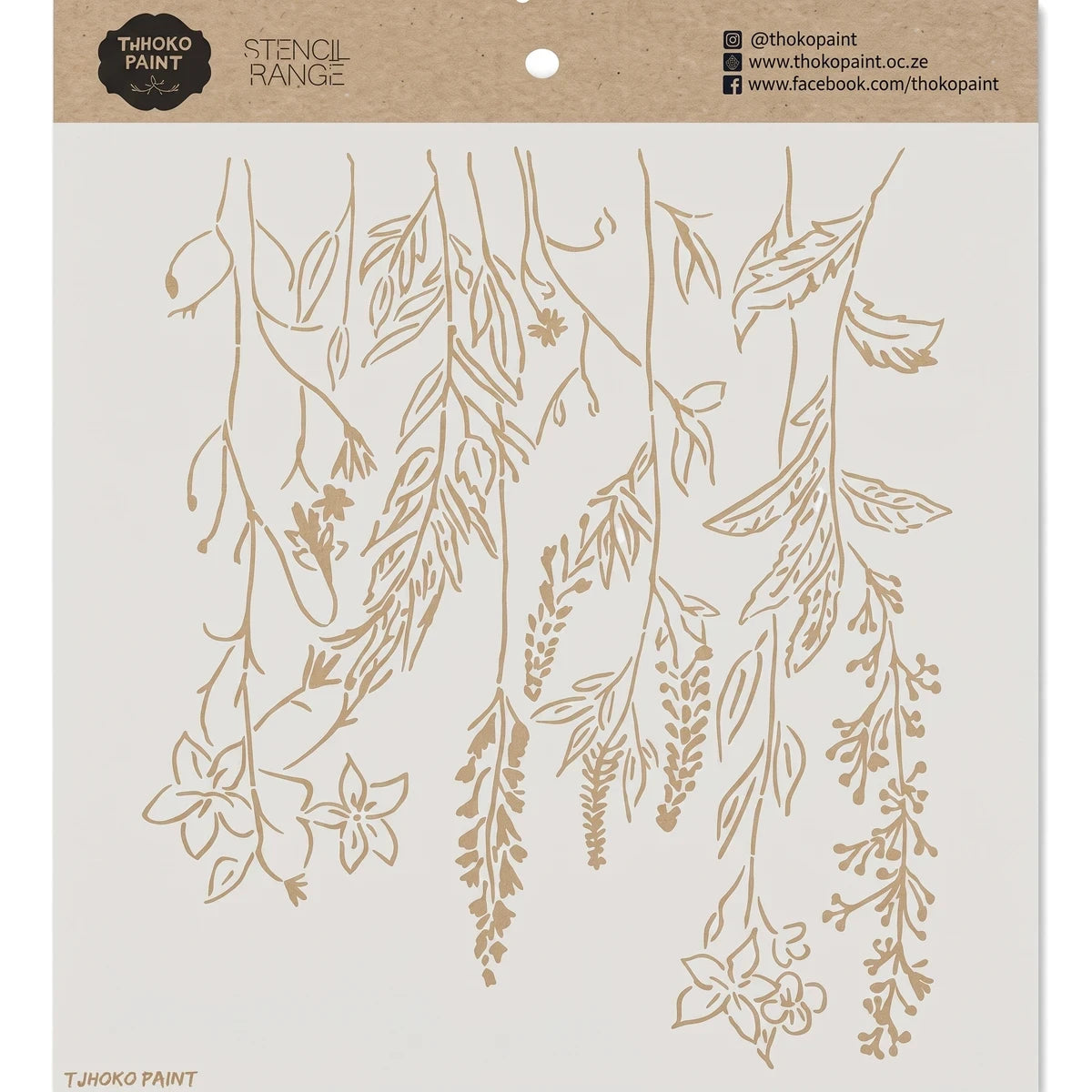 Beige 2022-45-1 L paint stencil for crafting with a detailed hanging vines and flowers design.