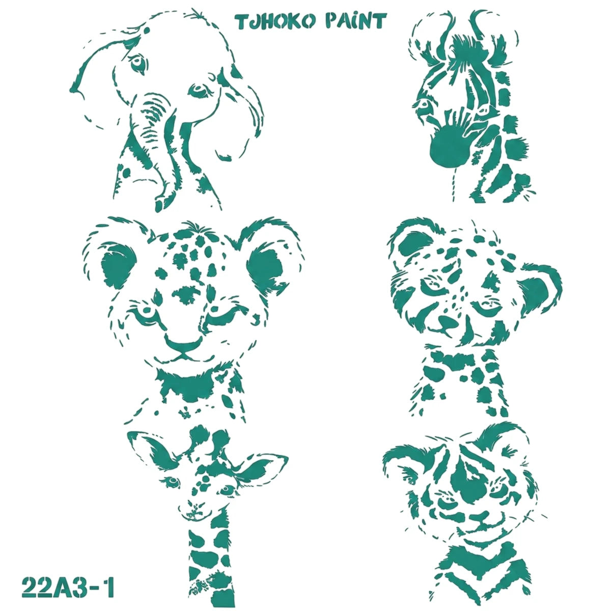 Teal green animal head paint stencils for crafts, featuring elephant, zebra, leopard, cheetah, giraffe, and tiger designs.