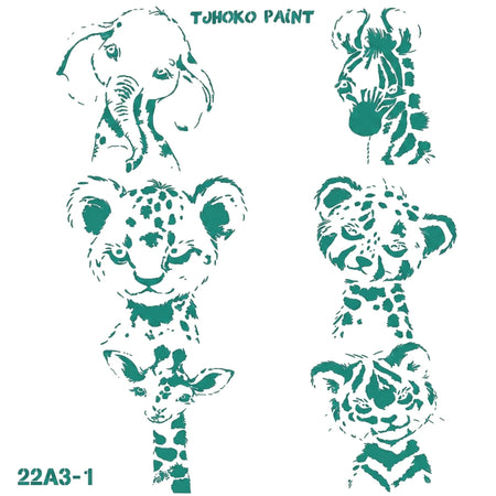 Teal green animal head paint stencils for crafts, featuring elephant, zebra, leopard, cheetah, giraffe, and tiger designs.