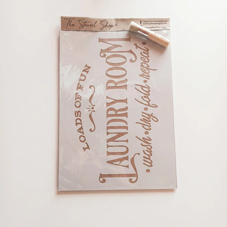 Rectangular 2022-A3-3 Laundry Room paint stencil kit with 'Loads of Fun' and 'Wash Dry Fold Repeat' text, includes small
