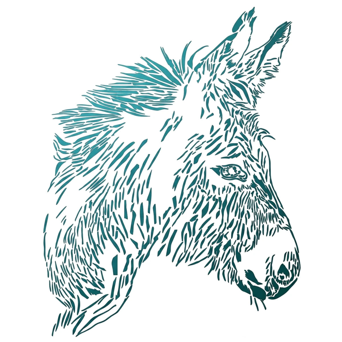 An intricate stencil of a donkey's head in a graphic style, perfect for painting and crafting projects.