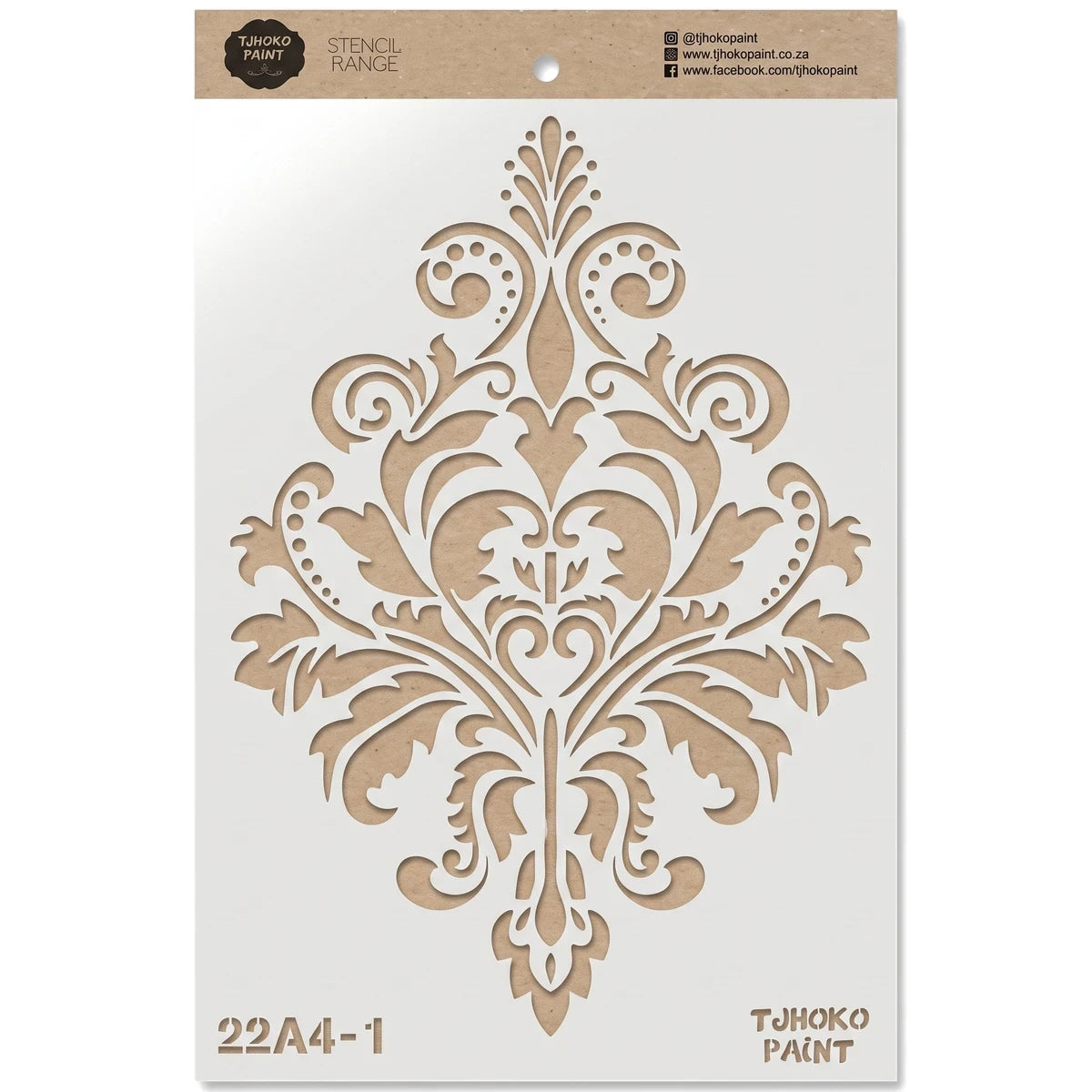2022-A4-1 paint stencil sheet with ornate damask-style cutout pattern, tan stencil on white backing, front view